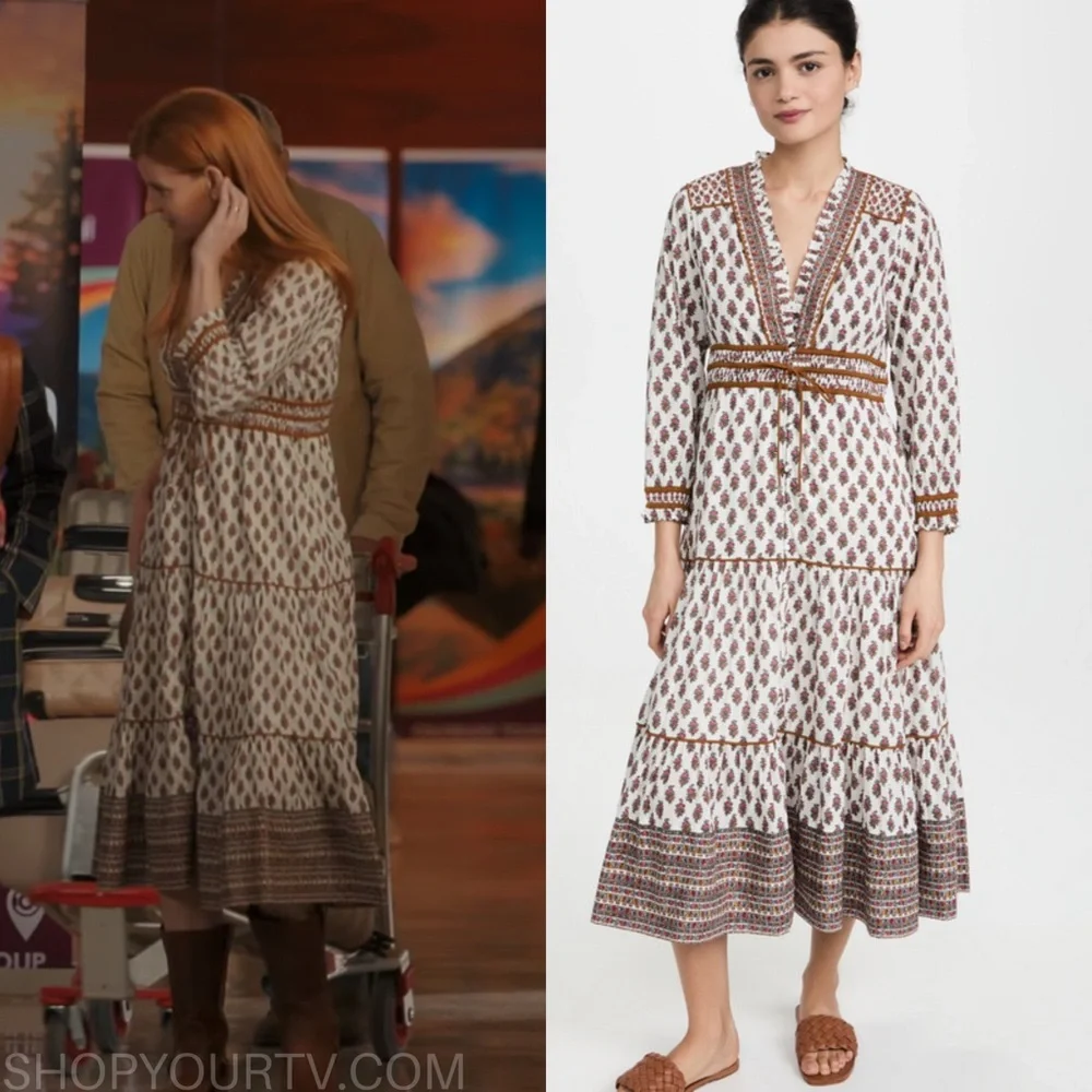 Veronica Beard Alessandra Tiered Floral Cotton Midi Dress in Brown Sz:Medium